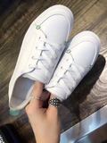 新款牛皮休闲运动女鞋系带小白鞋白色绿尾平底板鞋