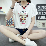 韩版时尚卡通宽松显瘦短袖t恤女V领上衣甜美3D印花学生姐妹装