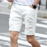 男士夏季新款五分牛仔短裤修身直筒破洞薄款青年简约裤子纯色潮流