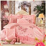 欧式婚庆纯棉四六十多件套粉贡缎提花蕾丝床品套件床单式床上用品