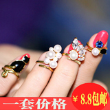韩国宝石猫咪珍珠指甲戒指关节戒指指环四件套 韩版饰品