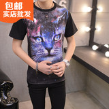 日系原宿星空图案猫个性青少年学生短袖t恤男士衣服韩版夏新款潮