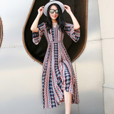 夏季雪纺印花条纹短袖连衣裙韩国中长款高腰裙子喇叭袖V领子长裙
