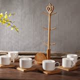 包邮时尚欧式陶瓷挂式茶具咖啡杯套装配杯垫竹木架子咖啡套具6人