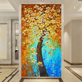玄关壁纸大型壁画3d立体现代简约油画发财树过道走廊背景墙纸竖版
