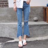 BS韩国代购女装2016秋装新款 时髦洋气膝盖破洞显瘦牛仔裤 喇叭裤