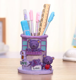 J1123 9130紫色房子双熊树脂笔筒学生桌面装饰摆件情侣礼物精品店