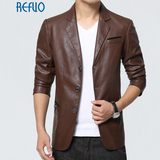 REFUO2016春季新品男士纯色皮西服韩版修身休闲外套纽扣薄款便西