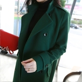 讴若缇2016韩版新款纯色直筒呢大衣中长款双排扣毛呢外套女加棉