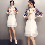 2016新款女装夏季欧根纱裙子韩版修身中长款印花连衣裙时尚衬衫裙