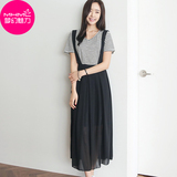 2016夏新款韩版背带裙套装短袖雪纺长裙子条纹两件套连衣裙女学生