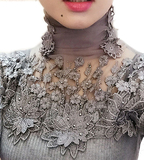 2016秋冬韩版女装高领蕾丝烫钻针织套头短款修身长袖打底衫毛衣