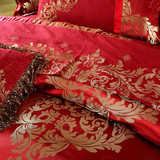 高档提花真丝床上用品套件贡缎十件套绸缎面料婚庆大红床品多件套