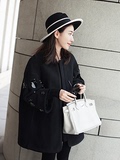 韩版冬装新品黑色直筒中长款加厚加棉袖子钉珠韩范气质毛呢外套女