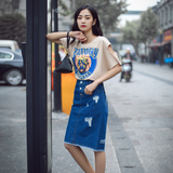 日韩新品女装夏季两件套印花短袖T恤上衣搭配牛仔高腰半身包臀裙
