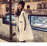 2016春季新款韩版中长款字母印花连帽收腰系带风衣外套薄防晒衣女