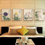 新中式花卉装饰画客厅国画壁画水墨饭厅挂画餐厅三联画四联壁画