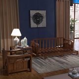 橡木实木沙发茶几组合 客厅木架布艺沙发推拉床 全木质沙发中式
