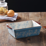 2个包邮 百合天蓝系列 家用长方形双耳陶瓷烤盘小号烤箱烘焙盘餐