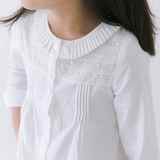 【杨梅】2016春季新款女童褶皱翻领娃娃衬衫蕾丝棉质长袖衬衣