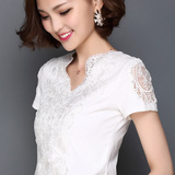 夏装新款女装2016潮大码修身纯棉白色T恤短袖纯色蕾丝上衣打底衫
