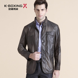 劲霸男士春装夹克中长款纯色仿皮jacket立领修身外套FKZX3706