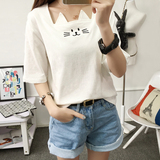 春夏季韩版个性显瘦宽松短袖女t恤学院女装猫咪体恤衫百搭上衣潮
