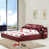 红色榻榻米床 真皮床 1.8米双人床 储物床 婚床圆床软床 皮床大床