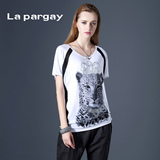 La pargay专柜正品 2016新款豹子印花拼网布中长T恤L422026C