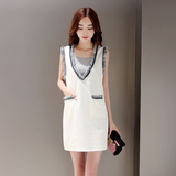 2016夏新款韩版V领无袖背心裙吊带两件套中长显瘦流苏拼接连衣裙