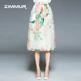 ZIMMUR2016夏装新款女装半裙时尚气质印花过膝百搭半身裙中长款