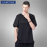 lilbetter男士t恤 简约拼接纯色体恤黑色圆领修身韩版潮流短袖衫