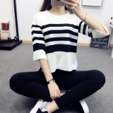 2016春夏新款t恤女学生韩版宽松圆领短袖条纹T恤上衣打底针织衫