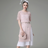 夏季韩版名媛短袖蕾丝吊带长裙两件套雪纺连衣裙女中长款修身气质