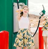 韩国chuu官网2016夏装新款甜美香蕉印花收腰a字伞裙百褶半身裙子