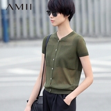 Amii极简女装2016夏季新款修身显瘦小V领短袖针织开衫女薄款外搭
