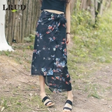 LRUD2016夏季新款韩版高腰碎花不规则雪纺半身裙女印花系带中长裙