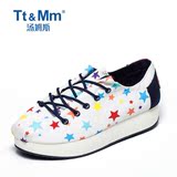 Tt&Mm/汤姆斯2016夏季新款星星小白鞋 系带厚底松糕跟帆布鞋女鞋