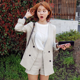 2016秋季新款韩国代购女装棉麻两件套西装外套高腰短裤休闲套装薄