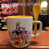 正品香港迪士尼陶瓷杯代购  米奇家族开心卡通动漫带勺子马克杯