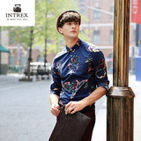 INTREX夏季男士衬衫印花英伦纯棉长袖衬衣青年修身休闲时尚上衣