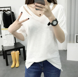 韩版镂空v领露背半袖上衣服大款性感短袖宽松T恤女夏装纯色打底衫
