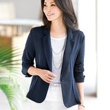 日本代购16夏新女装大码OL通勤柔软纯色口袋一粒扣针织短西装外套