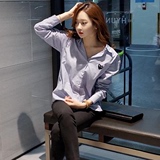 正品专柜代购2016韩版新款条纹衬衫长袖女大码休闲纯棉中长款衬衣