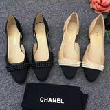 香港代购Chanel/香奈儿女鞋牛皮绸缎新款珍珠中空平底单鞋凉鞋