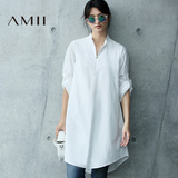 Amii[极简主义]2016秋新白色宽松长袖中长款衬衫连衣裙女11682214