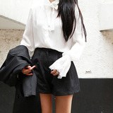 POKER女装秋新款 领口系带宫廷灯笼袖毛毛边纯色白衬衫衬衣女韩国