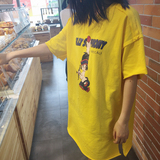 韩国 黄色印花休闲T恤女 开叉不规则中长款女士衣服 短袖宽松体恤