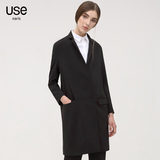 USE2016秋季新款欧美简约黑色弹力宽松茧型长袖翻驳领中长款外套