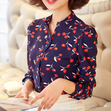 2016春装新款韩版气质樱桃印花雪纺衫长袖衬衫女OL大码衬衣潮
